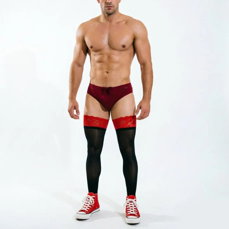 Soft Men's Socks in Contrasting Color Black Red Lace Silky Hosiery Sissy Male Underwear Guy Fetish Stockings Hombres Calcetines