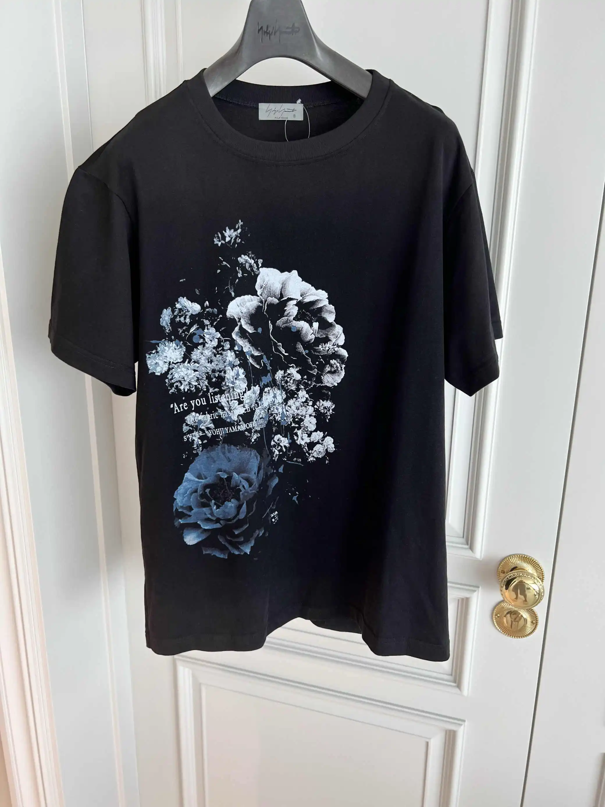 TOP-YAMAMOTO original Design Japanese-style original dark cotton cobalt blue flower message T-shirt