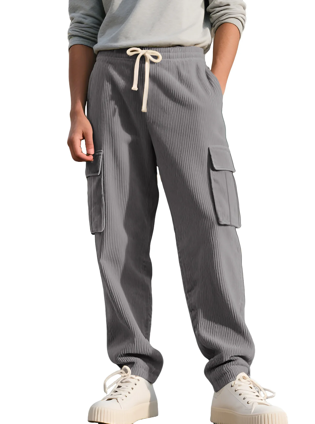 

Men Retro Corduroy Cargo Pants Spring Summer Loose Wide Straight Leg Casual Sports Daily Streetwear Male Long Trousers