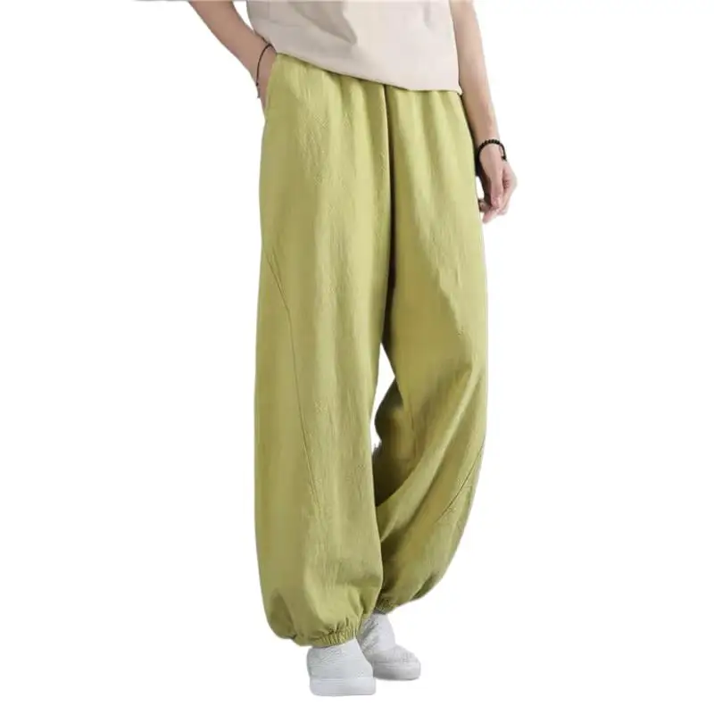 

2024 Cotton Linen Bloomers Wide Leg Pants Women Vintage Full Length Fashion Elegent Pants Solid Elasitic Waist Spring Autumn