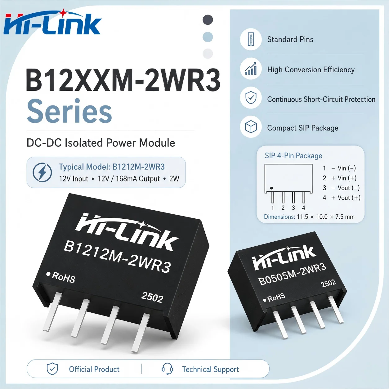 Hi-Link 2W SIP Transformer B1212M B1203M 3000VDC Short Withstand 1500VDC Insulation 91 Percent Efficient Single Unadjusted Unit