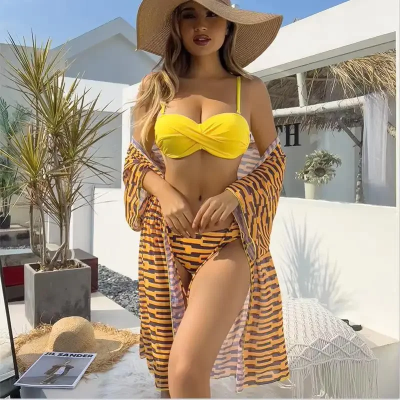 الصيف طباعة المايوه كيمونو رفع بيكيني مجموعات الإناث ملابس بحر ثلاث قطع لباس سباحة بركة المرأة لباس سباحة