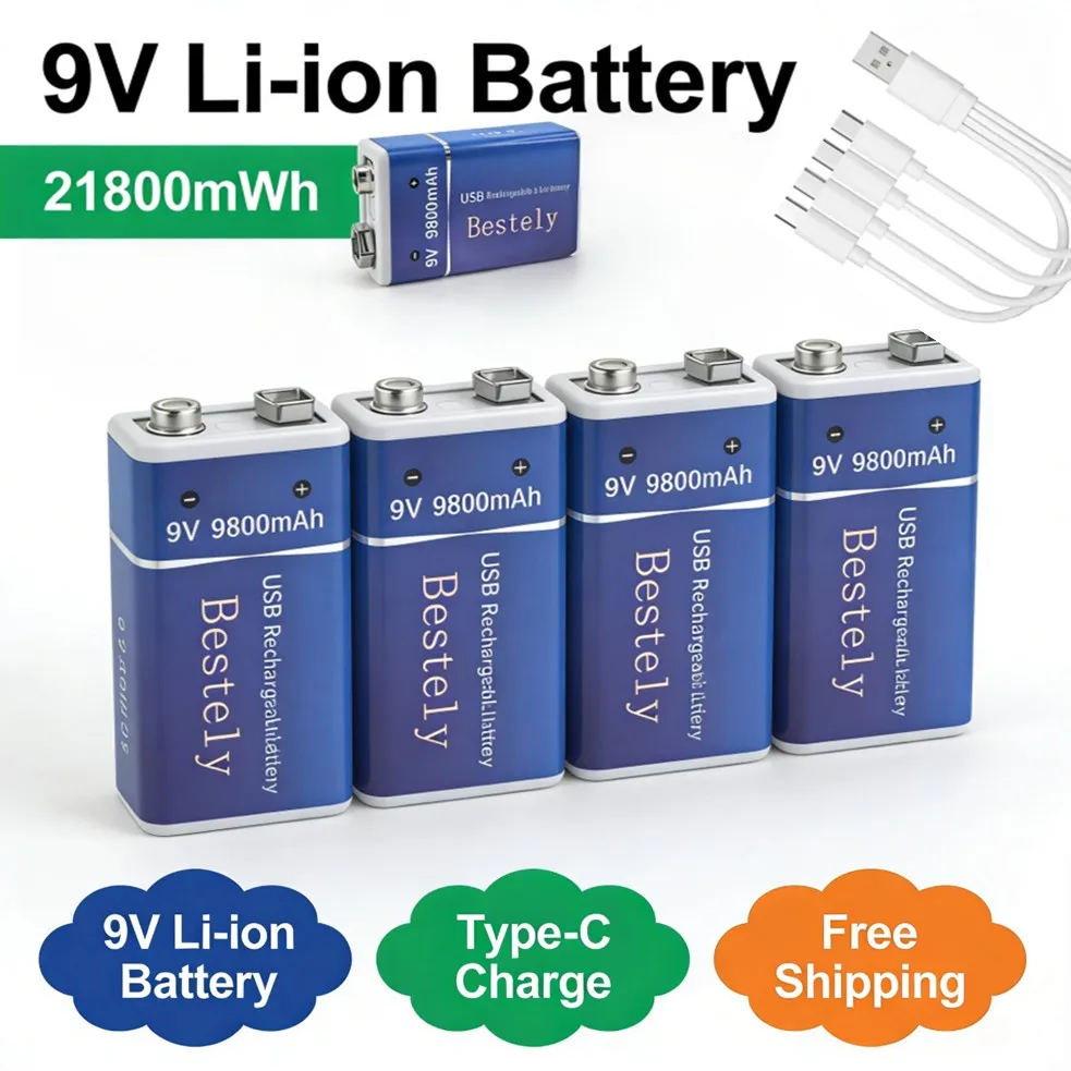 Eco-Friendly 9V Rechargeable Battery, 9800mAh Long-Lasting Battery, Low Self Discharge Over 2000 Cycles for Smoke Detectors Toys