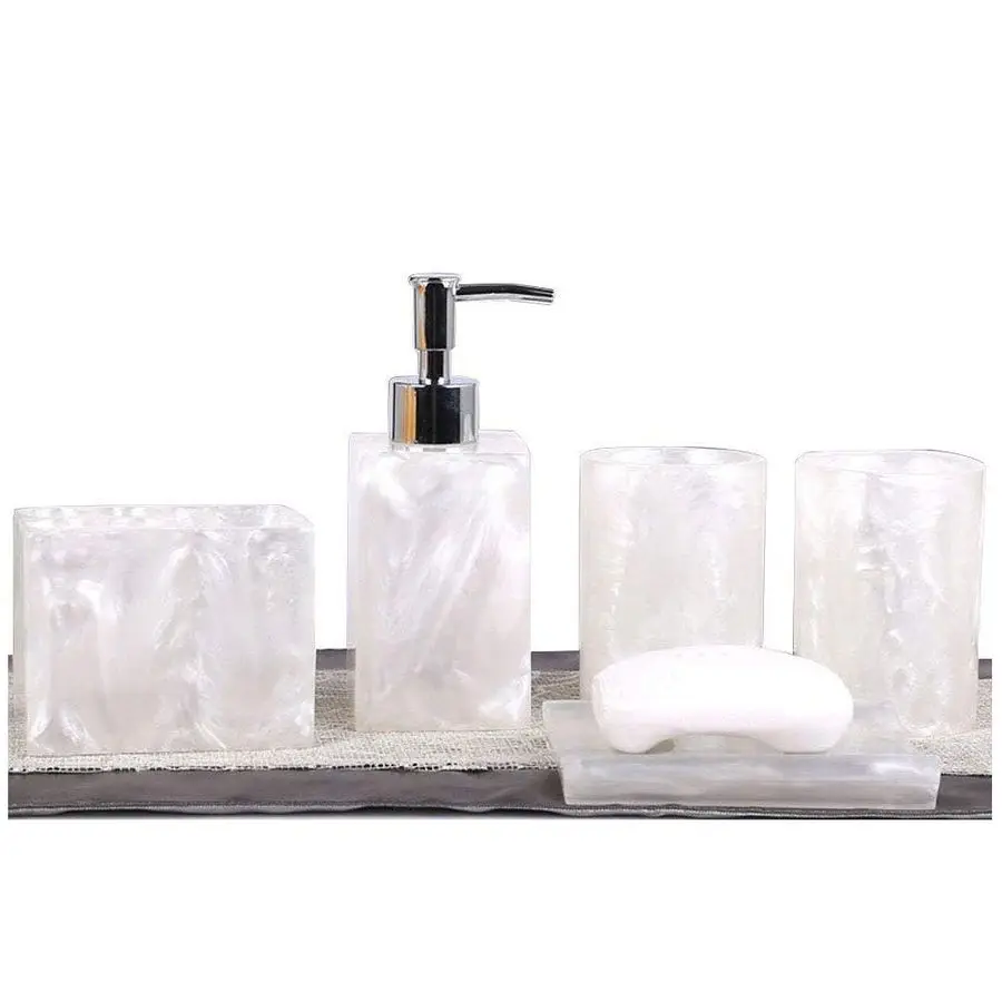 

Soap Dish, Soap Dispenser, Toothbrush Holder amp Tumbler Bathroom Accessory 5 Piece Set White