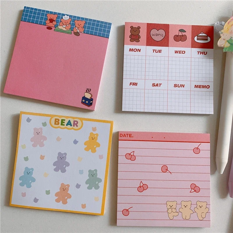 Ежедневный блокнот N-times, портативный нелипкий блокнот, школьные канцелярские товары, 50 листов, кавайные канцелярские принадлежности, блокнот с вишневым медведем