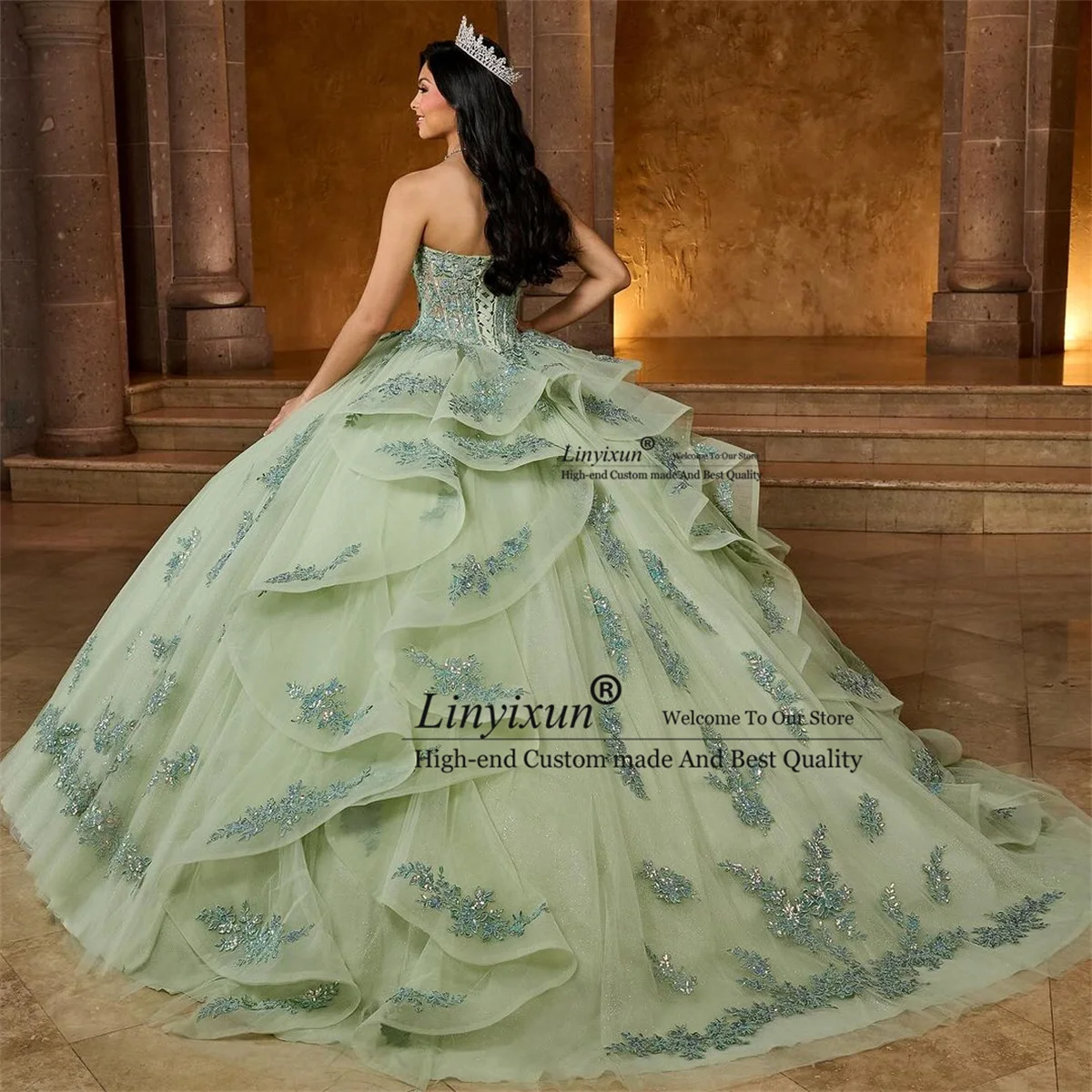 Mint Green Ball Gown Quinceanera Dress With Applique Sequins Birthday Sweet 16 Gowns Cape Tiered Mexican Vestidos De 15 Año