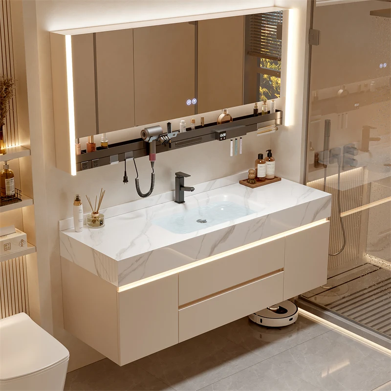 

Binjiang rock slab hot bending integrated basin bathroom cabinet combination toilet washbasin cabinet combination double