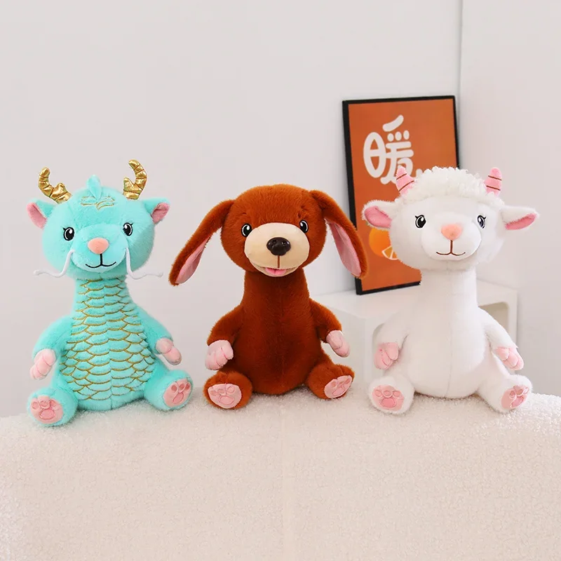 Multi style Long Neck Animal Stuffed Plush Doll, Cute Pig Tiger Monkey Dragon Sheep Dog Cow Plush Toy, Soft Fluffy gifts.