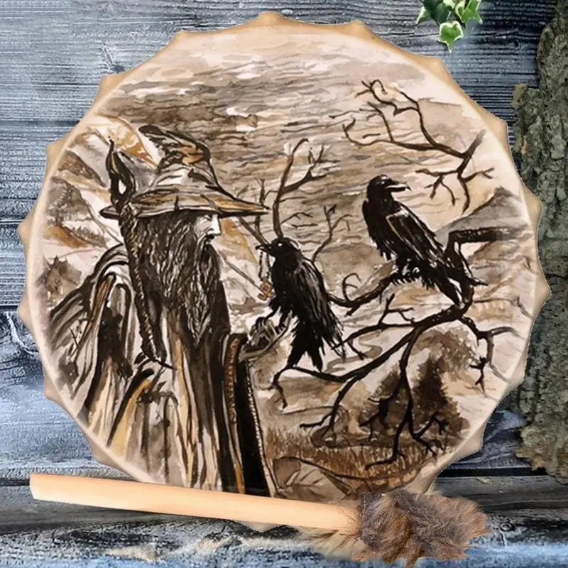 Shamanic Drums Old Man And Crow Shaman Drumsfor Adults Symbol Of The Siberian Drum Spirit Music Drum With Drumstick Wood Music