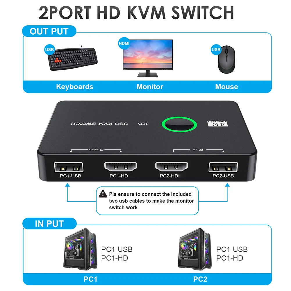 HD KVM Devices Keyboard Mouse Printer KVM Switcher Box Plug and Play USB Switcher Splitter Display Equipment for 2 PC Sharing