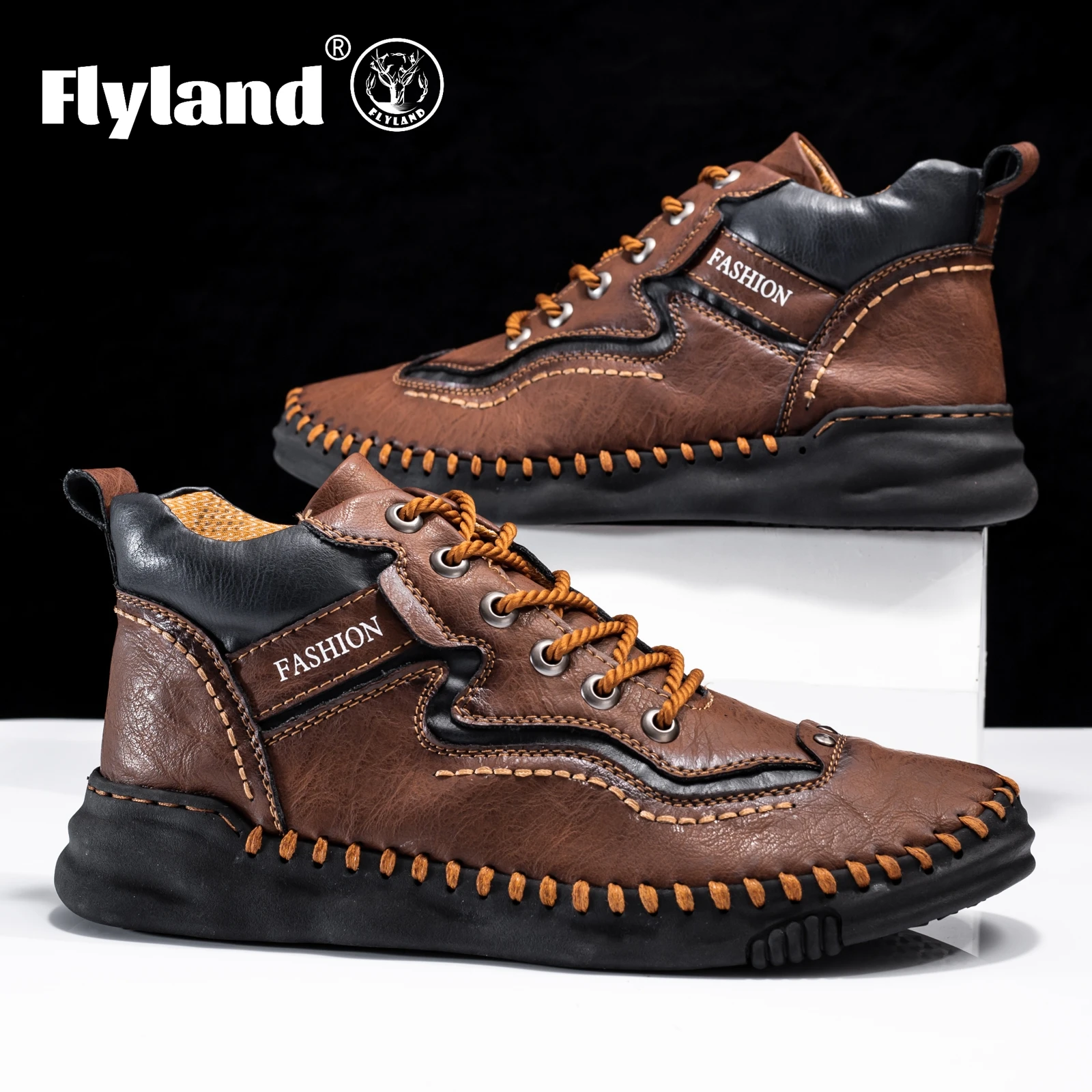 FLYLAND Men\'s Fashion Vintage Hand Stitching Soft Business Casual Leather Ankle Boots Handmade Shoes