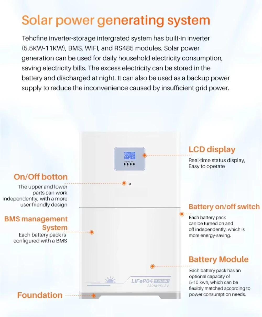 LiFePO4 Lithium Ion Battery 5kw 10kw 11kw 51.2V 100ah 200ah 48V with Hybrid Solar Inverter All in One Energy Storage System