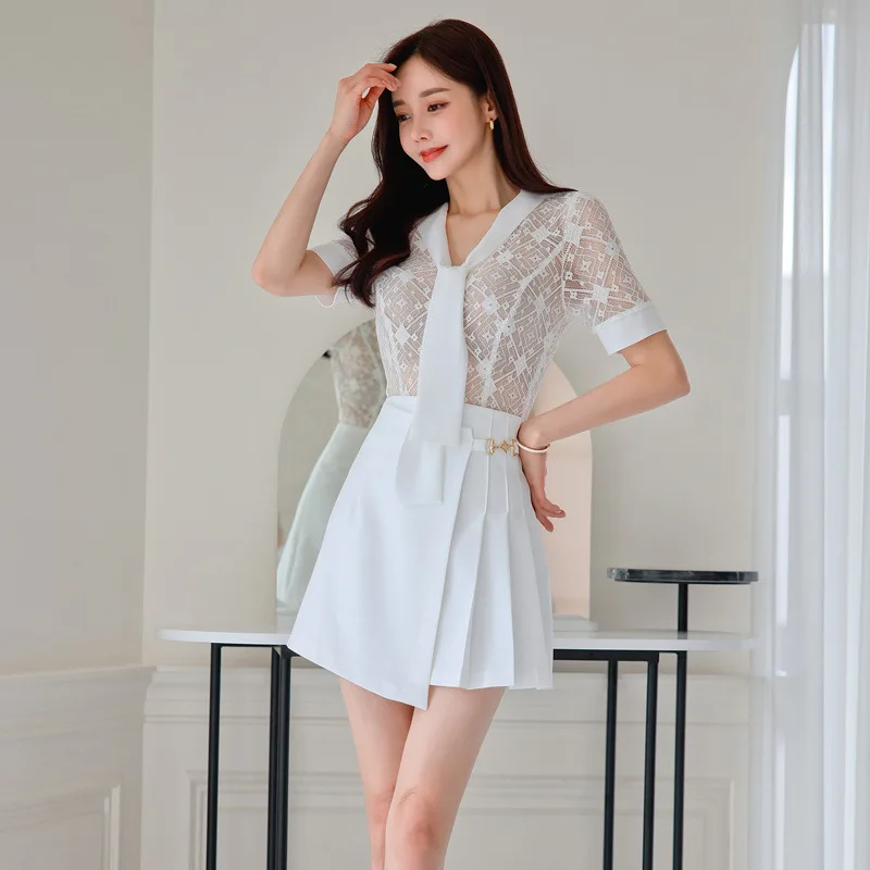 

Short skirt set for summer socialite V-neck lace top+temperament pleated A-line skirt two-piece set for office commuting