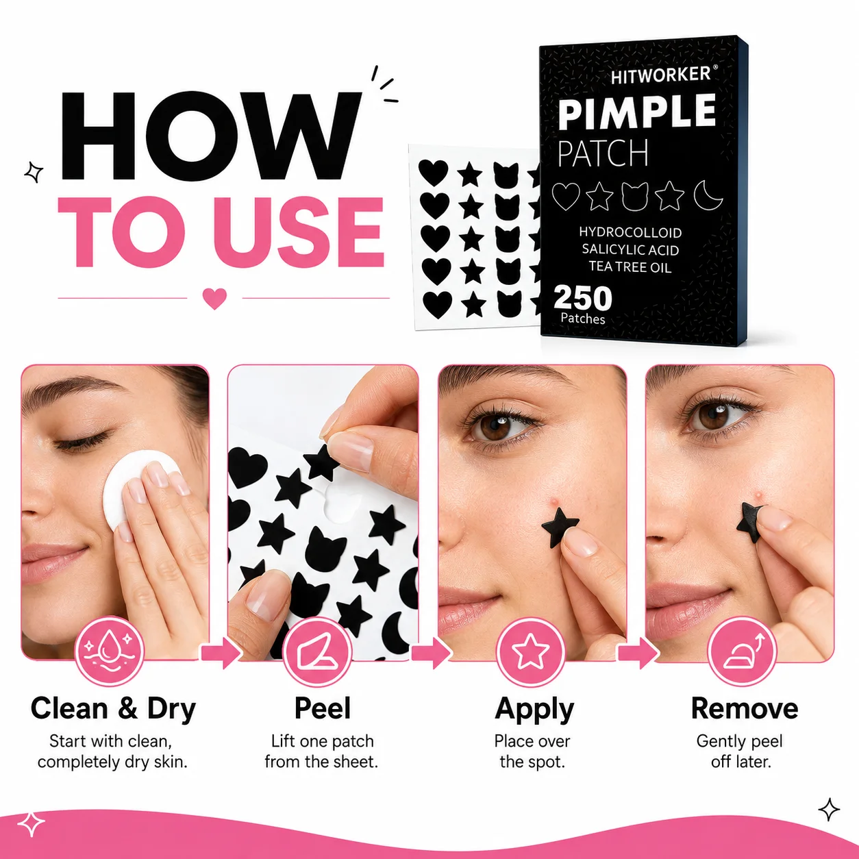 250PCS Cute Hydrocolloid Pimple Patches, Heart Star Cat Moon Blemish Cover Stickers for Face, Mixed Shape Spot Patches view 6
