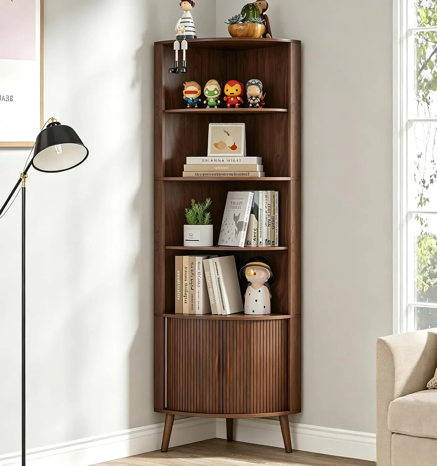 5-Tier Corner Shelf, 66.73''Tall Modern Corner Bookshelf, 5 Shelf Bookcase with 2 Fluted Doors, Freestanding , Customized
