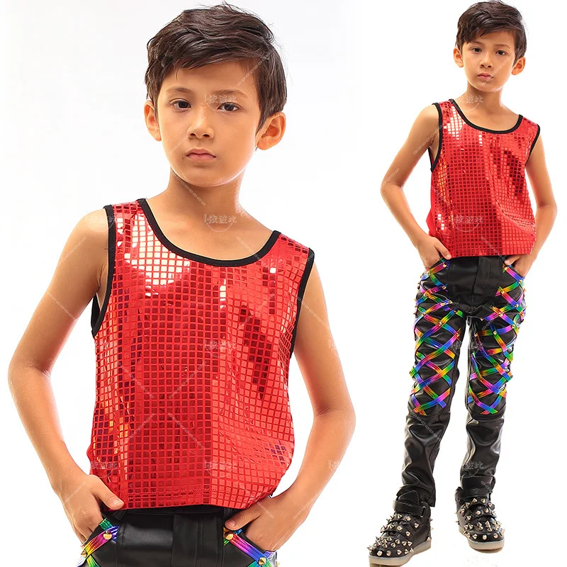 Boy Jazz Performance Costume Singer Children Hip Hop Dancing Clothes Sequin Vest Black T-Shirt Boys Tops Dance Wear