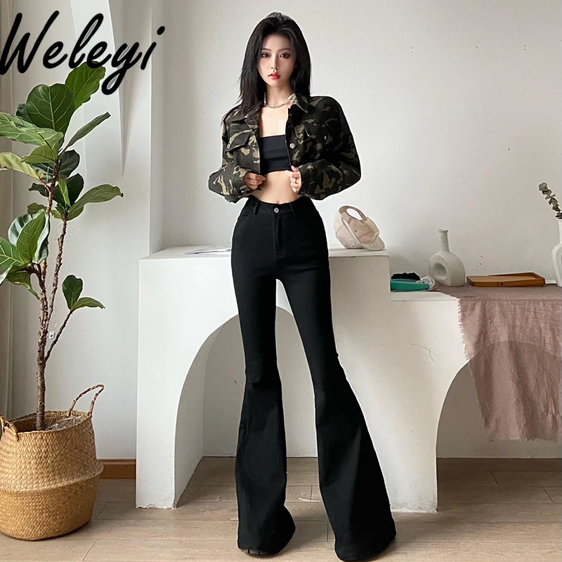 Black Micro-pull Pants Female 2024 Autumn Clothes Woman Winter New Casual Women's Slimming High-waisted Tight Flared Trousers