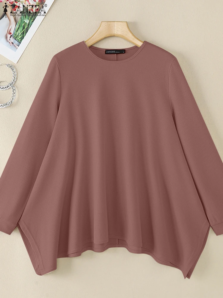 ZANZEA 2025 الخريف الحياكة تي شيرت المرأة كم طويل تيز بلون Blusas بلوزات فضفاضة غير رسمية غير النظامية هيم محبوك الستر