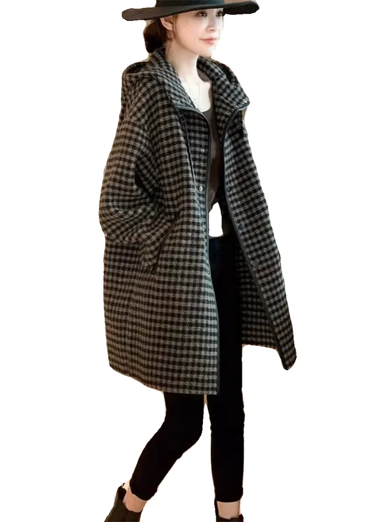 Plaid Hooded Loose Mid Length Wool Double Layer Coat Autumn and Winter 2024 New Loose and Versatile European Style High-end Coat