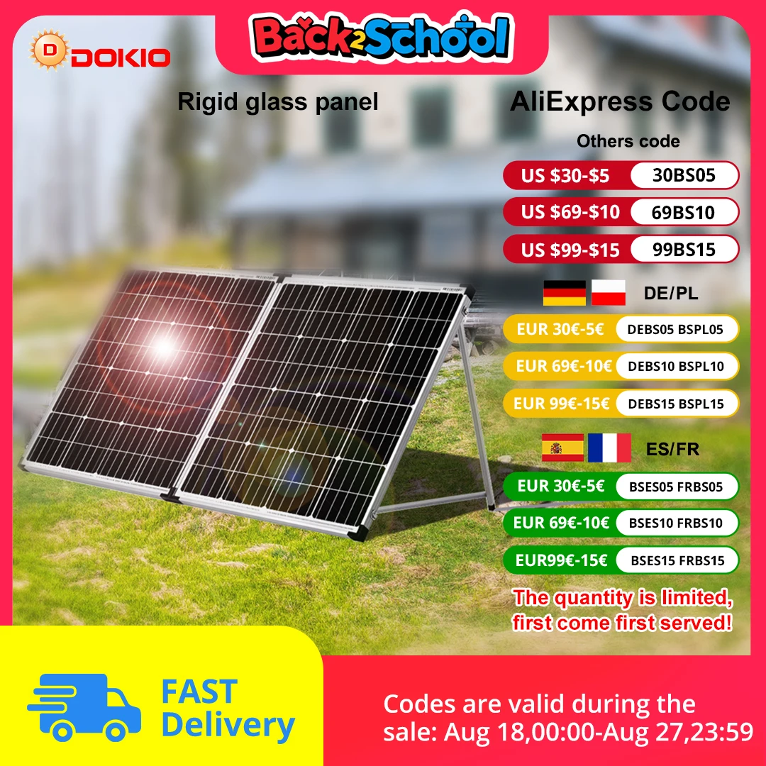 

DOKIO 100W/160w/200w 18V Glass Folding Monocrystalline Waterproof Solar Panel with 12V Controller Kit from China