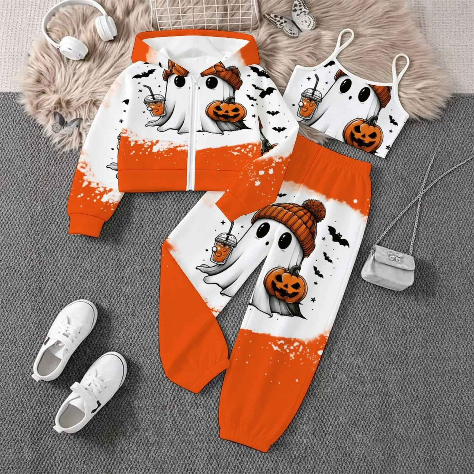 Fashion Coat All Hallows' Day Vest Daily Pants Children's Jogging Pants Casual Pants Autumn Winter Girls' Printed Three Piece