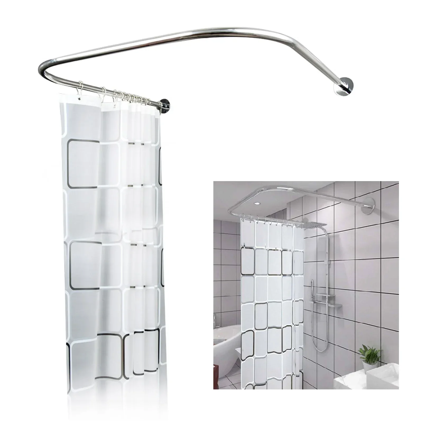 

U-shaped Adjustable and Flexible Stainless Steel Shower Curtain Rod, Ideal for Small Bathrooms and Bathtubs