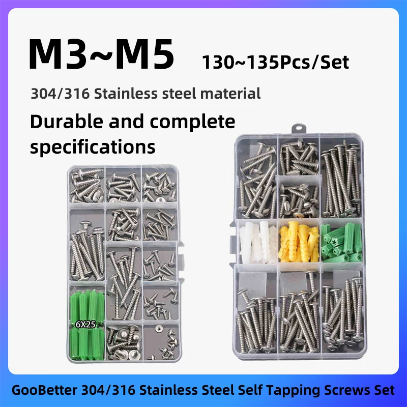 

130~135Pcs Self Tapping Screws Set M3 M3.5 M4 M5 6~50mm 304/316 Stainless Steel Round Head Phillips Screws and Plugs Kit