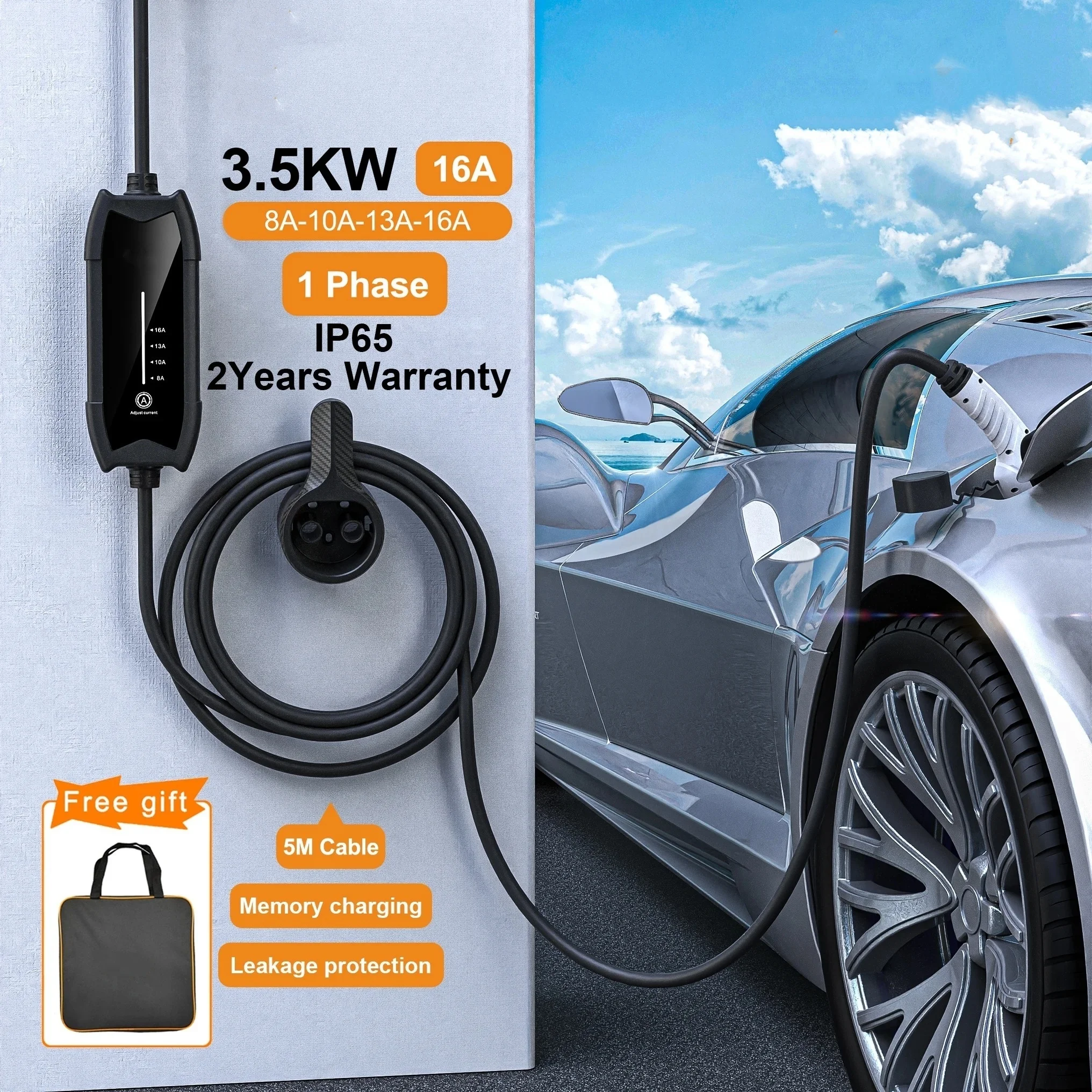 GB/T-TypeA 3.5KW16A EV Portable Charger Current Adjustable 5m Cable Charging Station 1Phase EU Plug IP66 For Electric Vehicle