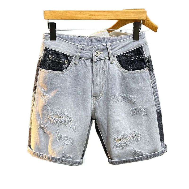 

Men's High Street Ripped Short Jeans With Patchwork Fashion Distressed Patched Denim Shorts Summer Straight Fit Shorts