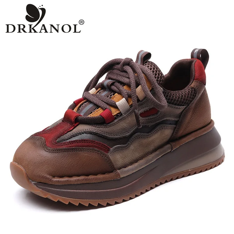 

DRKANOL Fashion Women Casual Sneakers Autumn Winter Mixed Colors Genuine Cow Leather Thick Sole Chunky Platform Retro Shoes Lady