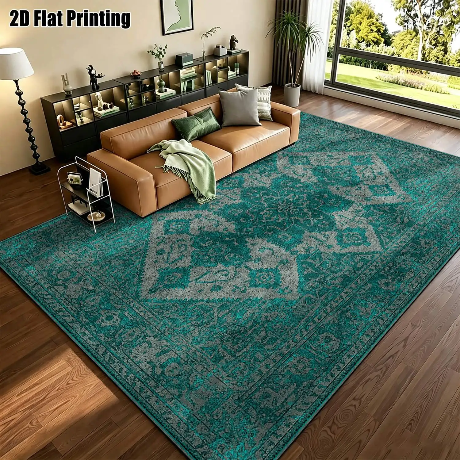 1Pc 2D Printed Retro Blue-Grey Geometric Carpet, European Style, Machine Washable, Multi-Size, Ideal for Home Decoration & Multi-Scenario Use