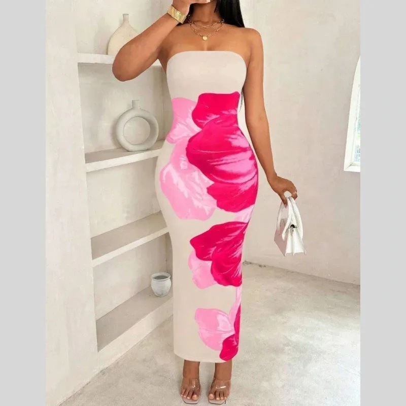 

Women's Flower Printed Maxi Tubeless Dress Summer Vacation Off Shoulder Slim Beach Floor Length Long Dress Y2k Bohemia Robe 원피스