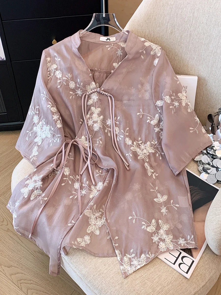 150Kg Plus Size Women's Bust 153 Summer Loose New Chinese Style Embroidered Cardigan Top Skirt Set 5XL 6XL 7XL 8XL 9XL