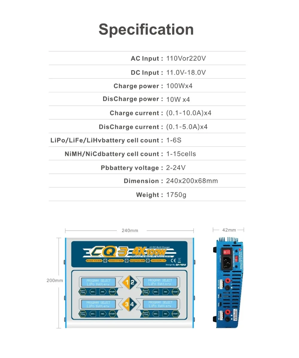 EV-Peak 100W x 4 CQ3 RC Balance Lipo Battery Charger Nimh Nicd lithium Battery Charger Discharger with Digital LCD Screen