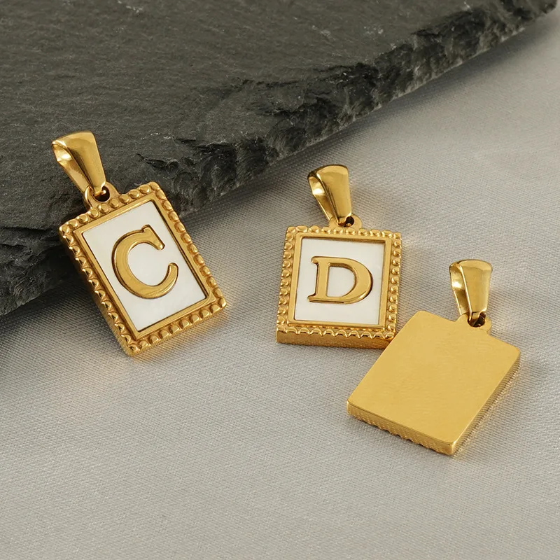 Stainless Steel 18K Gold Plated 26 A-Z Initials Square White Shell Base Pendant for Women Name Necklace Jewelry