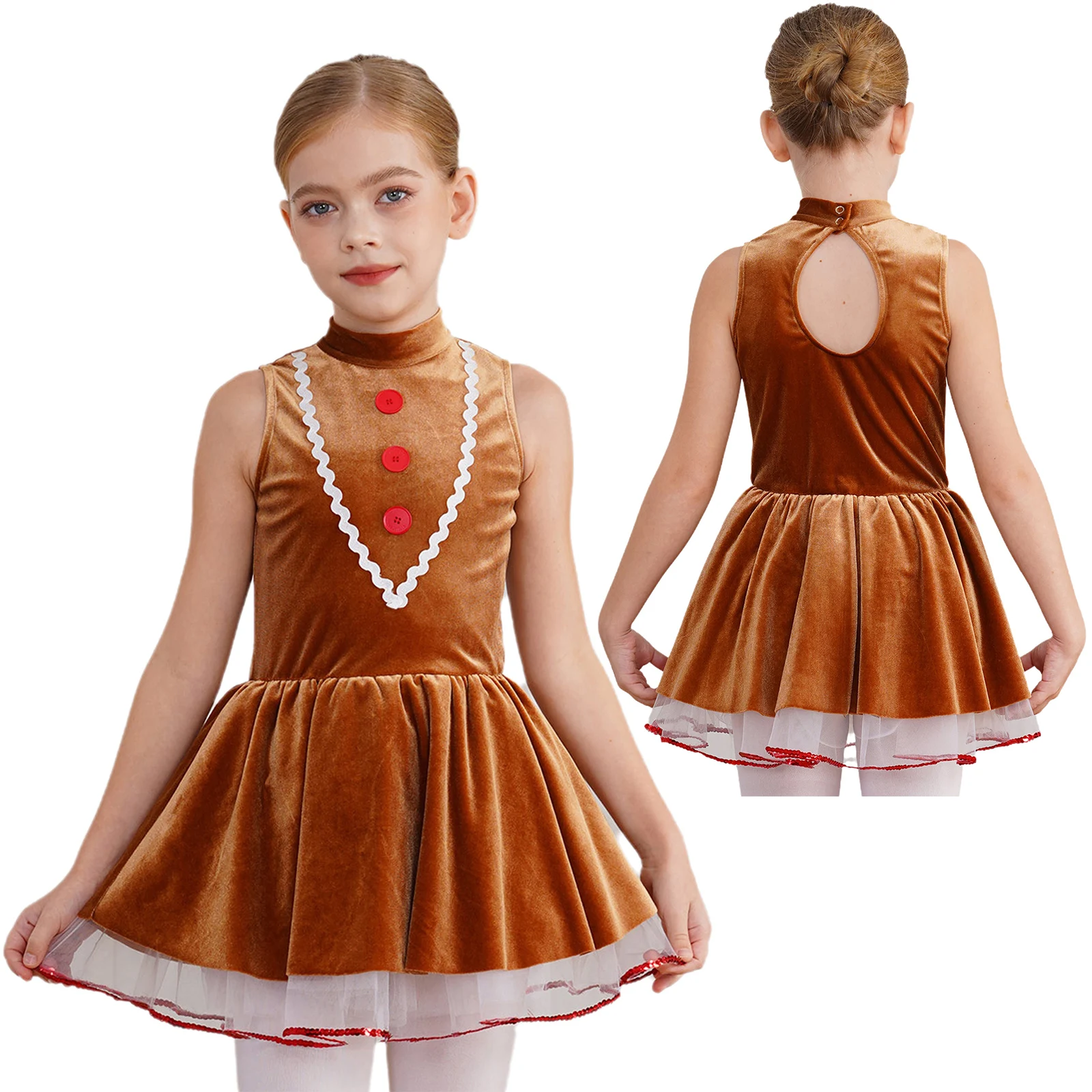 Girls Christmas Gingerbread Cookie Man Cosplay CostumeSleeveless Velvet Dance Tutu Leotard Dress for Xmas Halloween Carnival