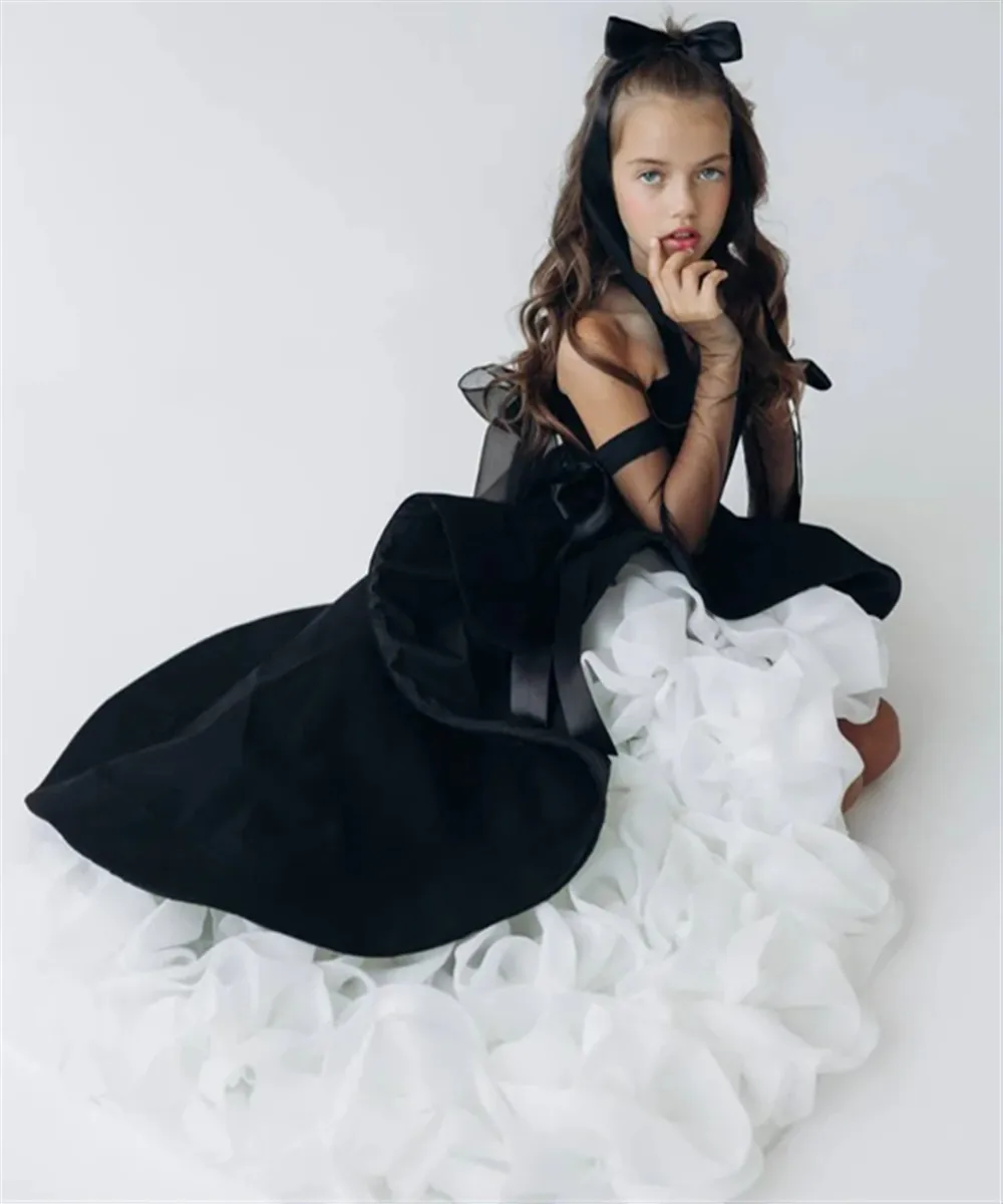 

Flower Girl Dress for Wedding Bow High Low Tiered Princess Birthday Party Pageant Dress Kids First Communion Prom Ball Gown