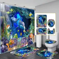 1/4 piece shower curtain set, waterproof bathroom partition curtain with hooks, anti-slip bath rug, U shape mat, toilet seat cov