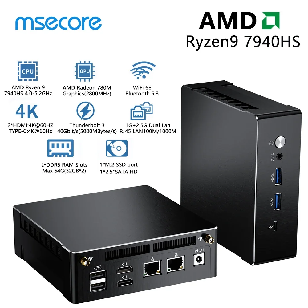 

MSECORE MQ50 New Mini PC AMD Ryzen9 7940HS 7840HS Gaming Desktop Computer Portable Office Computer NUC DDR5 NVME Wifi6 4K BT5.2