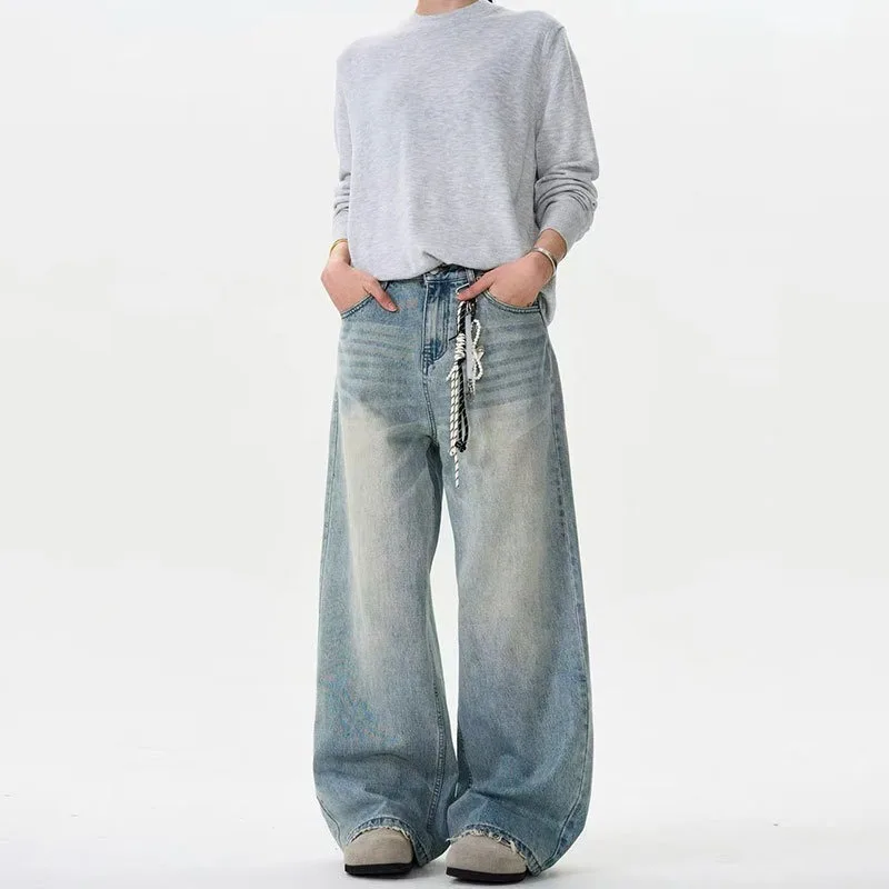 KIDWHXR Man Straight-leg Pant New American Washed Gradient Color Male Trousers Vintage Loose Casual Mid Waist Men Denim Pant