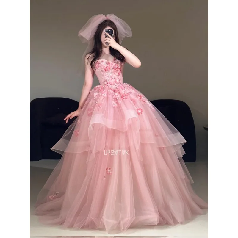Luxo floral appliqued vestido de festa de casamento feminino elegante rosa sem alças vestido de baile até o chão a linha puff vestidos de noite