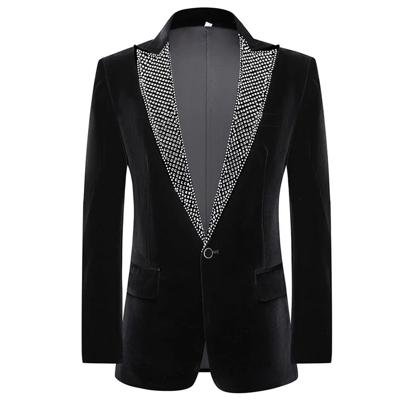 Men\'s Black Velvet Suit Wedding Banquet Evening Party Host Tuxedo Suits Rhinestones Lapel Collar Blazer Pants 2 Piece Set