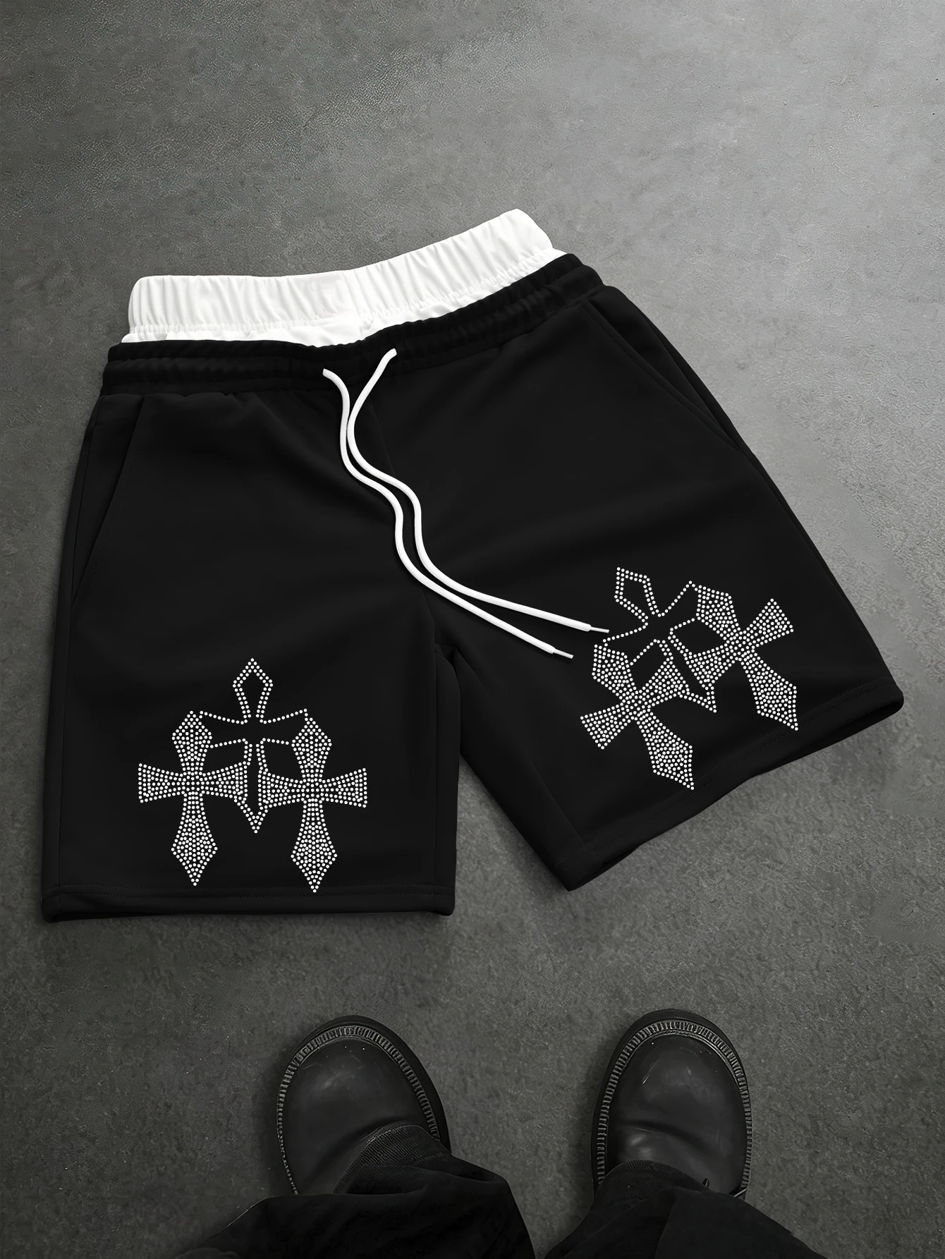 Men's Loose Streetwear Rhinestone Cross Graphic Drawstring Shorts 100% Polyester Elastic Waist S‑2XL 1Pc