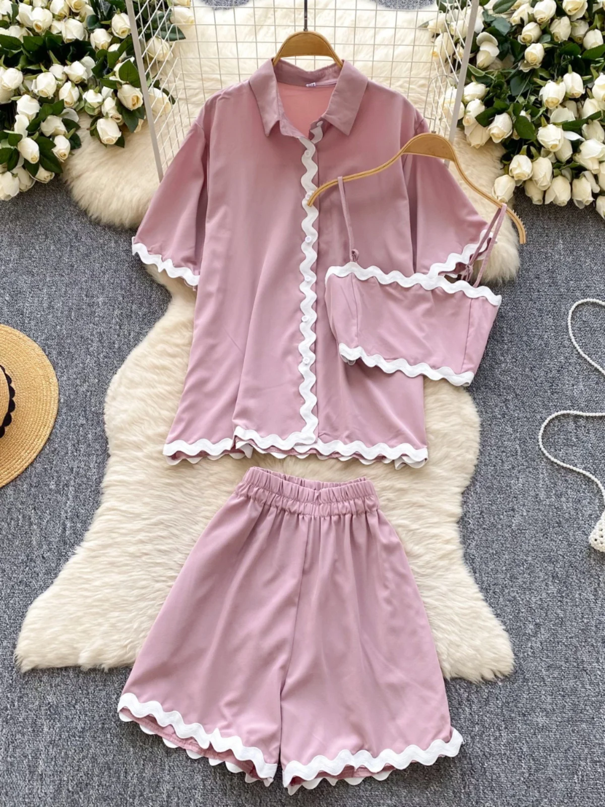 Set atasan dan celana Korea Sle Ne, model tube top untuk wanita, busana musim panas, potongan longgar, pinggang lebar, celana panjang, tampilan feminin.