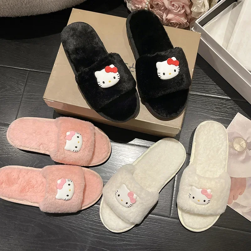 Sanrio Autumn and Winter Non Slip Ladies Fur Slippers Anime Character Accessories Kawaii Girly Cartoon Soft Sole Home Shoes