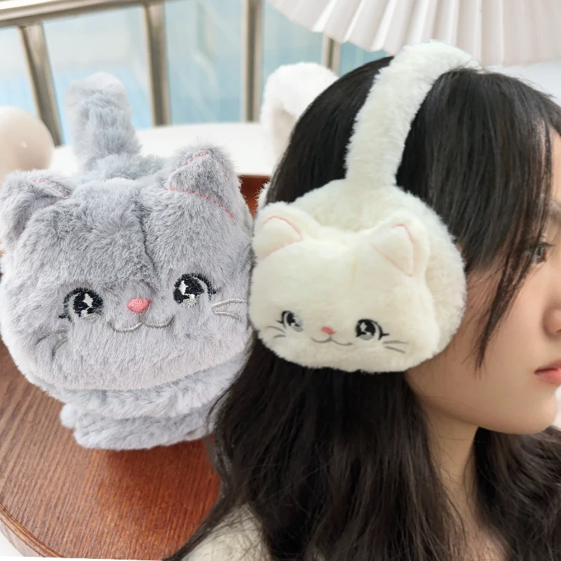 新しい女性用冬用漫画風かわいい猫のぬいぐるみイヤーマフ、暖かい厚手の柔らかい耳カバー、耳保護、暖かさを保つイヤーマフ、子供用