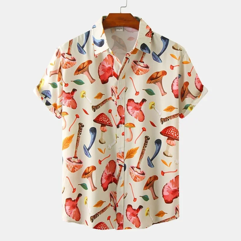 Men Shirts 2022 Summer New Men's Clothing European and American Fashion Mushroom Print Shirt Lapel Large Size Short Sleeves