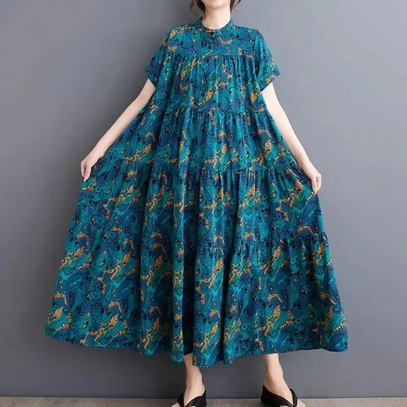 # 0145 Vintage Bedrucktes Langes Hemdkleid Stehkragen Knopfleiste A-Linie Retro Stufenkleid Damen Kurzarm Locker Sitzend Sommer