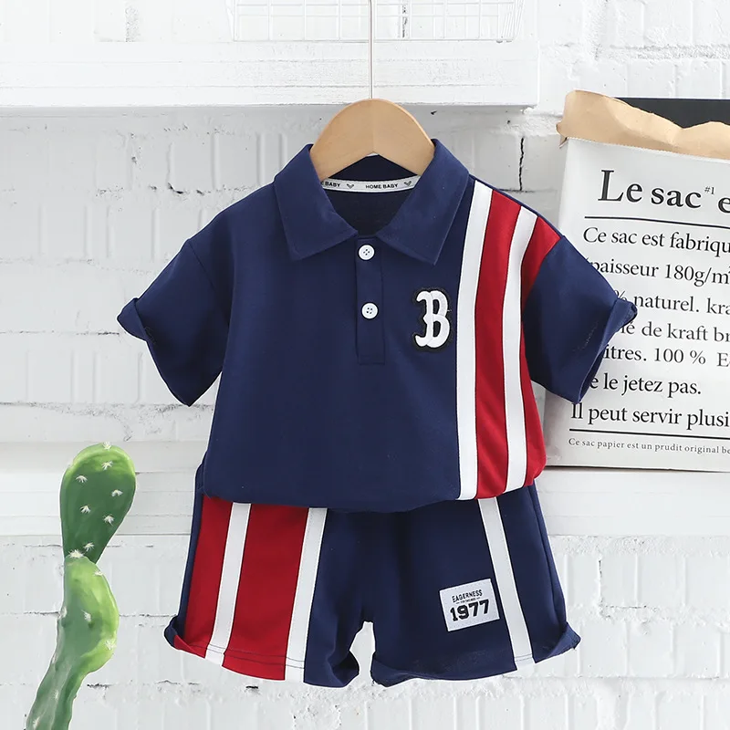 

Boys Short-sleeved Suit Summer Kids Striped Lapel Short-sleeved Top + Shorts Casual Two-piece Set