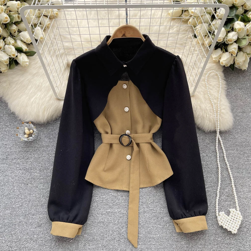 Ele Color Blo Long Sve irt المرأة Faion الأعلى الفرنسية Sle سليم صالح طوق ort طول لون نقي ملابس الخريف #3